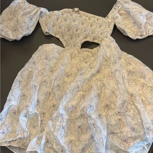 Olivaceous Floral Off-Shoulder Mini Dress - Cream and Blue